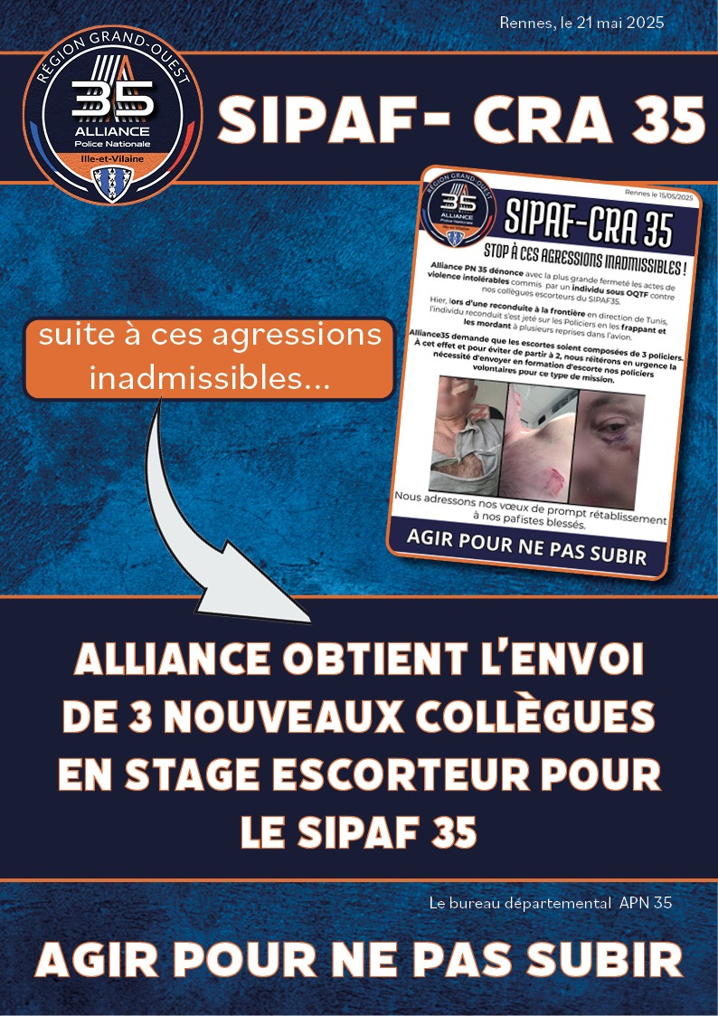 SIPAF - CRA 35. #AlliancePoliceNationale #blessureenservice #delinquance #policeauxfrontières #policenationale #centrederetentionadministrative #rennes #FDO
<a href="/AlliancePNouest/">ALLIANCE POLICE NATIONALE ZONE OUEST</a>