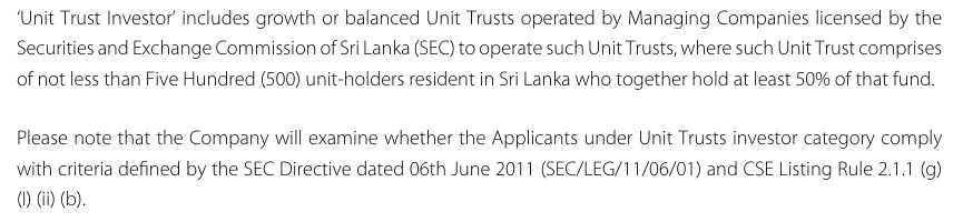 Channa_Amare's tweet photo. @jvgsc10 @danukalive @Thisal92 Nine unit trusts have met the criteria stated in the #CALH IPO Prospectus
Unit trusts that do not have 500 #lka resident unit-holders, and even those that do, where they do not own at least 50% of the fund, do not qualify
Such unit trusts are considered as non-retail
#CSE #lka https://t.co/URKGT3D2H8