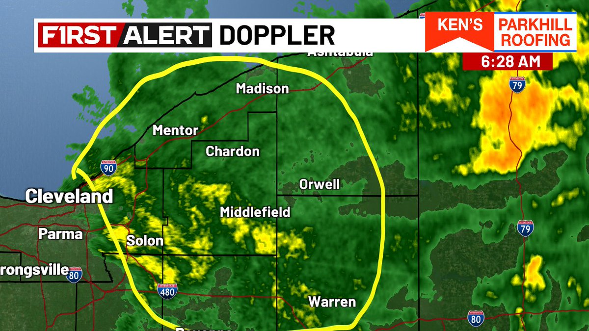 6:28 A.M. RADAR CHECK:  Steady rain in the highlighted zone.  19 News This Morning is on right now.