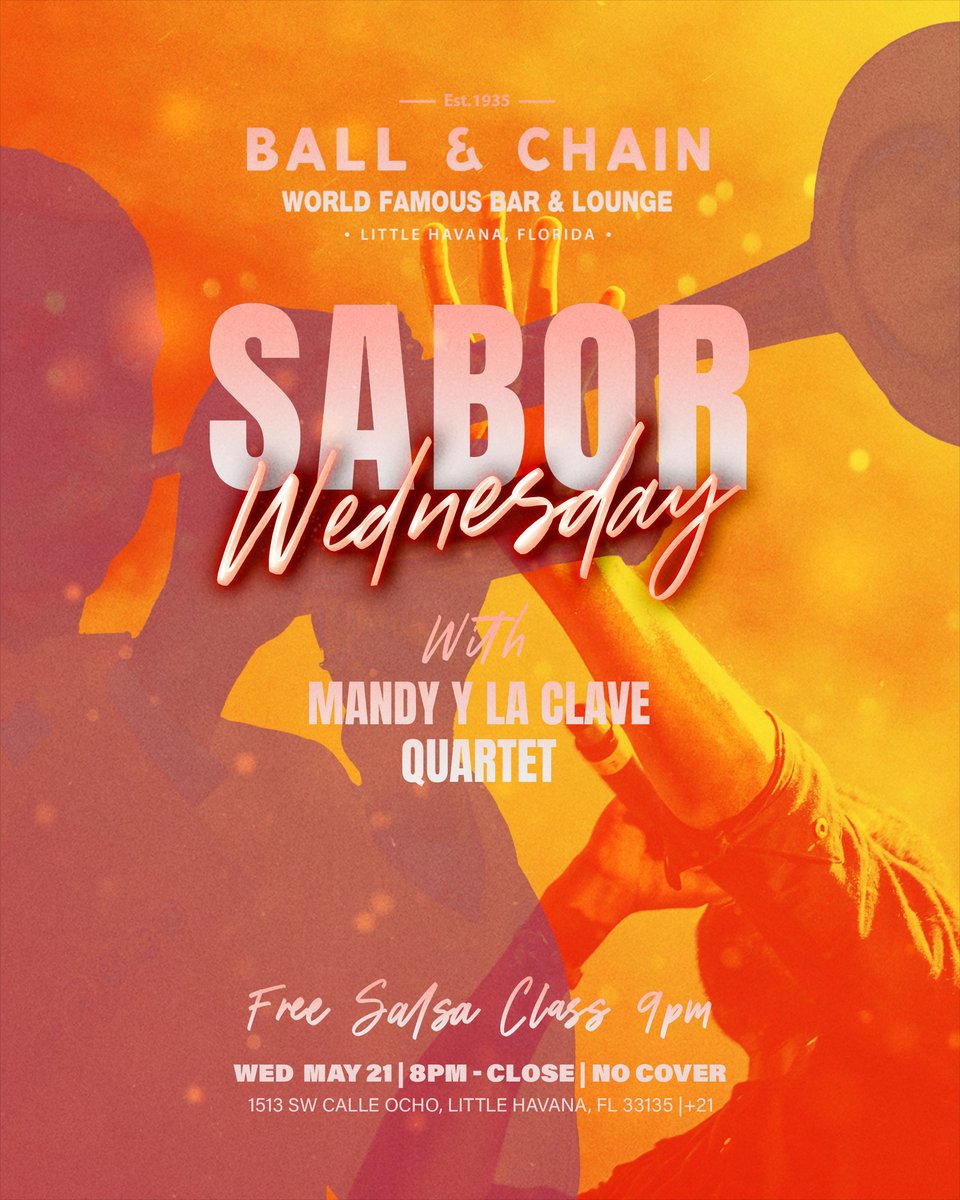 BallAndChainBar's tweet photo. TODAY: #LiveMusic noon to 9 p.m., #HappyHour 4 to 7, then the all-new #SaborWednesday with the Mandy y La Clave Quartet + a FREE #SalsaClass, 9
TOMORROW: #SalsaNight ft. @DJElRusso, 8 and a FREE #SalsaLesson, 9
#supportlocal https://t.co/kBdwIKRQzT
ππ https://t.co/1Syk09W76q
