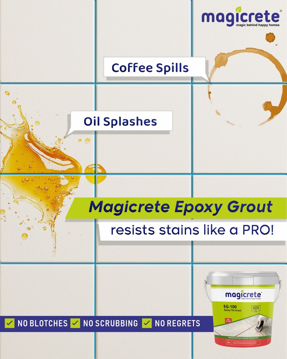 magicrete's tweet image. 𝐌𝐚𝐠𝐢𝐜𝐫𝐞𝐭𝐞 𝐄𝐩𝐨𝐱𝐲 𝐆𝐫𝐨𝐮𝐭: 𝐁𝐮𝐢𝐥𝐭 𝐭𝐨 𝐑𝐞𝐬𝐢𝐬𝐭. 𝐃𝐞𝐬𝐢𝐠𝐧𝐞𝐝 𝐭𝐨 𝐋𝐚𝐬𝐭.
Unlike regular grouts, Magicrete’s EG-100 and EG-200 Epoxy Grout variants are non-porous, stain-resistant, and extremely durable.
#Magicrete #TileGrout #TilingWork #TileWork