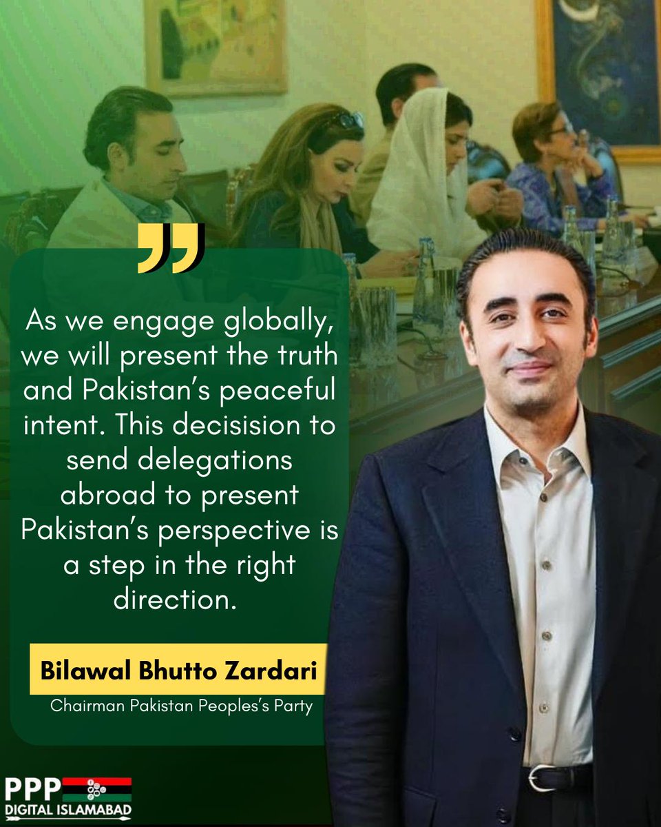 dr_atta77's tweet image. “As we engage globally, we will present the truth and #Pakistan's peaceful intent. This decision to send delegations abroad to present Pakistan's perspective is a step in the right direction.” Chairman @BBhuttoZardari #PakistanIndianWar #India