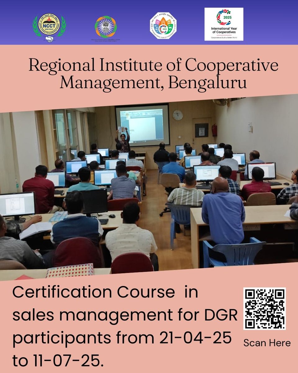 BangaloreR46958's tweet photo. The RICM, Bengaluru is conducting a Certification Course in Sales Management for DGR participants from 21-04-2025 to 11-07-2025.

#RICMBengaluru #SalesManagement #DGRTraining #CooperativeLeadership #NCCT #MinOfCooperation #IYC2025 #SahakarSeSamriddhi #ProfessionalTraining https://t.co/dJmEMeGWxa