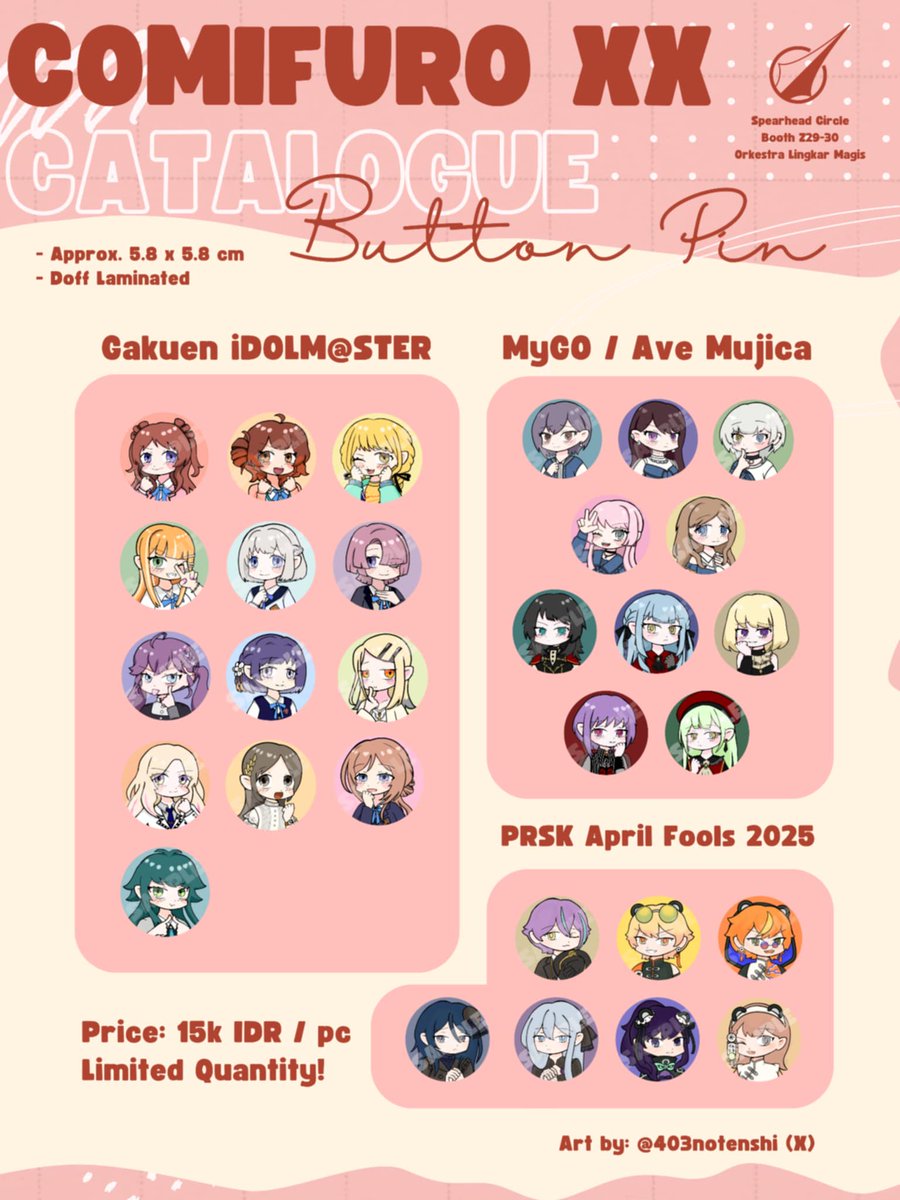 403notenshi's tweet photo. My #CFXX #CF20 OTS Catalogue is here!
❤️ & 🔄 are appreciated!
🗓️: 24 - 25 May 2025 @ ICE BSD
📍: Booth Z29-Z30 (Both Days) w/ Spearhead Circle
Fandom: Proseka, BanG Dream (Ave Mujica, MyGO!!!!!), Gakuen Idolmaster
#comifuroxx #comifuro20 #comicfrontierxx #comicfrontier20 https://t.co/lYYWQfhCCc