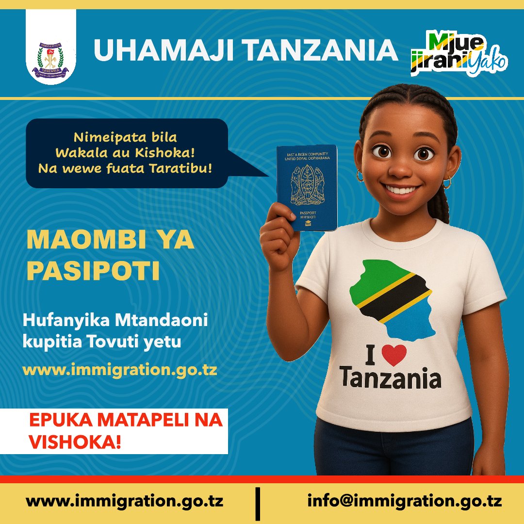 UhamiajiTz's tweet photo. Fanya Maombi ya Pasipoti kupitia Tovuti yetu 🌐📄
Epuka Matapeli na Vishoka! 🚫🕵️‍♂️
Huduma za Uhamiaji hazina Wakala!! ⚠️🇹🇿

Tembelea: https://t.co/xho58H7B0R ✅

#PasipotiMtandaoni #TanzaniaImmigration #EpukaMatapeli #HudumaBilaWakala #eImmigration #JiepusheNaVishoka #UhamiajiTanzania