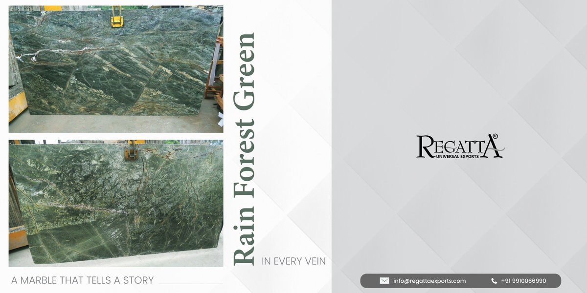 Rain Forest Green Marble from Regatta Universal Exports. This exquisite stone, sourced from the quarries of Rajasthan, India, showcases a mesmerizing tapestry of deep green hues interlaced with rich brown veining.

Get a price quote - regattaexports.com/product/rain-f…