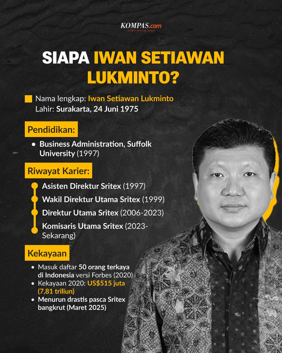 kompascom's tweet image. Kejaksaan Agung (Kejagung) mengamankan Komisaris Utama PT Sri Rejeki Isman Tbk (SRIL) Iwan Setiawan Lukminto. Ini profilnya #sritex ##infografik