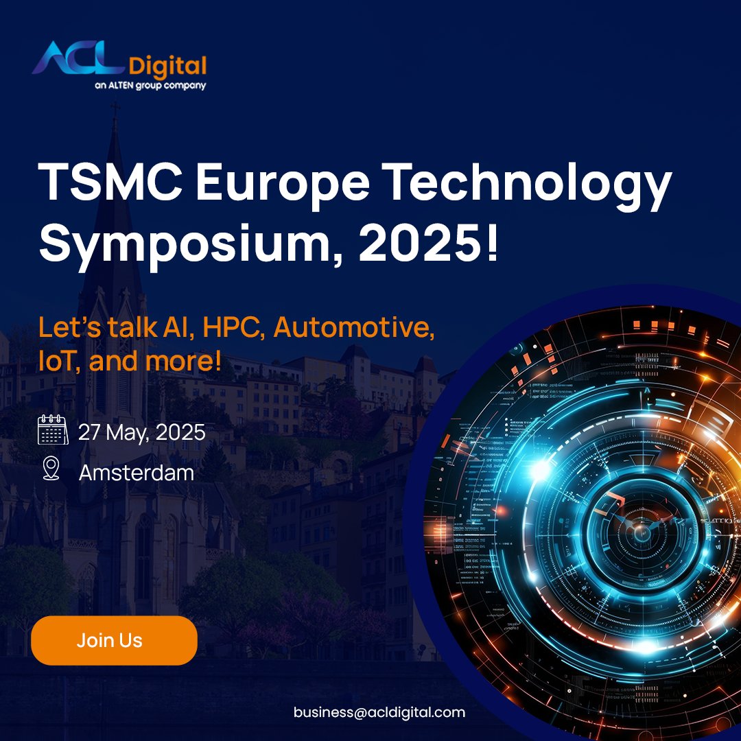 We’re heading to Amsterdam for the TSMC Europe Technology Symposium on May 27, 2025!

From AI &amp; HPC to RISC-V, SERDES, and advanced packaging—ACL Digital is leading innovation in silicon design.

Let’s connect: lnkd.in/dwz2GW2n

#TSMC2025 #Semiconductors #ACLDigital