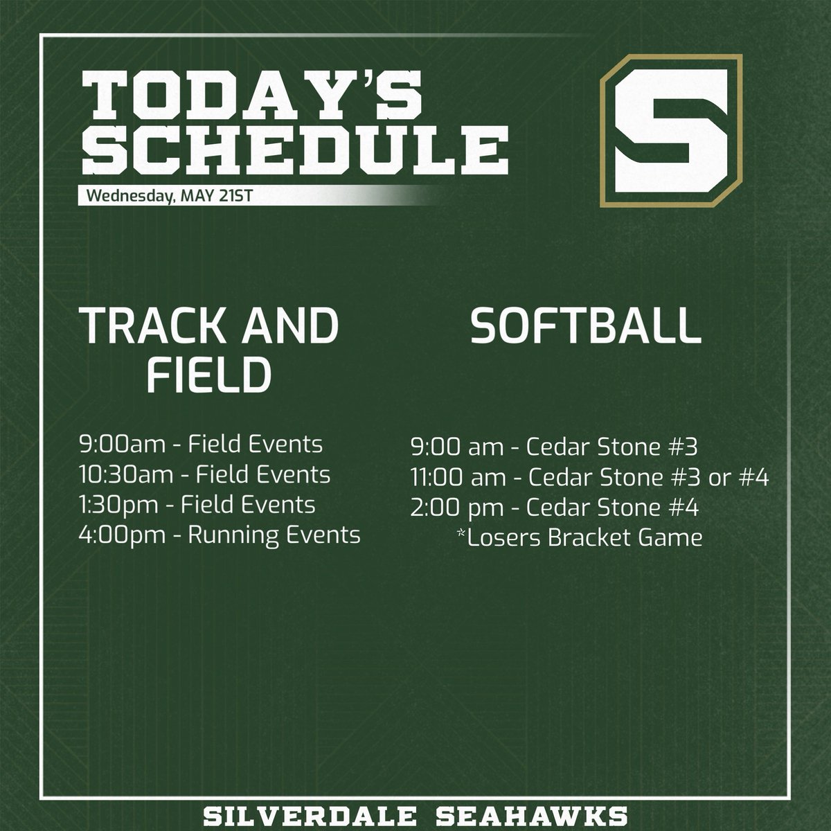Day 2 of the Division II-A State Tournament Spring Fling. Track and Field begins the day with field events, then continues with running events in the afternoon. Softball plays an early morning game due to the weather from yesterday. Grab your green/gold and head to State to cheer