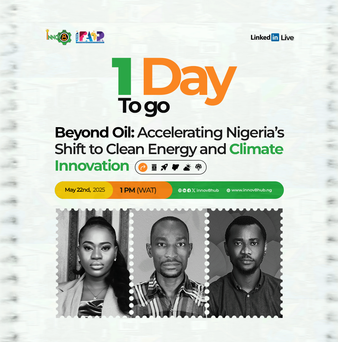 Innov8Hub's tweet photo. Nigeria is shifting gears from fossil fuels to future fuels, from pollution to innovation, and tomorrow, we’re bringing the big questions, bold solutions, and the real players to our LinkedIn Live.

Date: May 22nd
Time: 1PM (WAT)
Register here: https://t.co/P0aWNcRvTW https://t.co/11PPMXgNxV