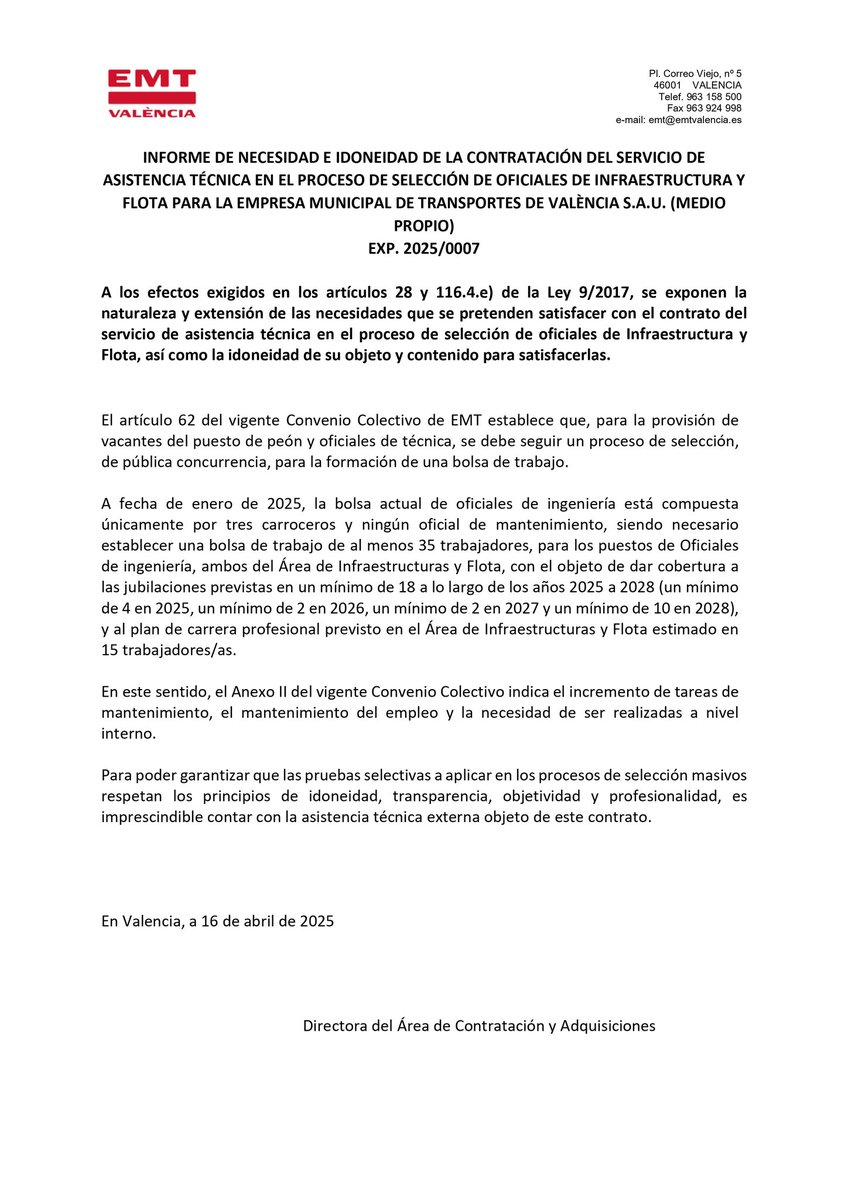 prosper_emt's tweet photo. A su vez también se va a realizar una bolsa para al menos 35 oficiales de Infraestructura y Flota.
Tenéis toda la información al respecto en la «Plataforma de Contratación del Sector Público». https://t.co/kODIkeYA1T