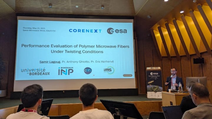COREnext (@corenext_eu) on Twitter photo 🚀 <a href="/COREnext_EU/">COREnext</a> was proud to be represented by Samir LAGOUG and Anthony Ghiotto from <a href="/BordeauxINP/">Bordeaux INP</a> at the <a href="/esa/">European Space Agency</a> Space Microwave Week with the presentation of the paper “Performance Evaluation of Polymer Microwave Fibers Under Twisting Conditions”, authored by Samir Lagoug, Anthony 🚀 <a href="/COREnext_EU/">COREnext</a> was proud to be represented by Samir LAGOUG and Anthony Ghiotto from <a href="/BordeauxINP/">Bordeaux INP</a> at the <a href="/esa/">European Space Agency</a> Space Microwave Week with the presentation of the paper “Performance Evaluation of Polymer Microwave Fibers Under Twisting Conditions”, authored by Samir Lagoug, Anthony