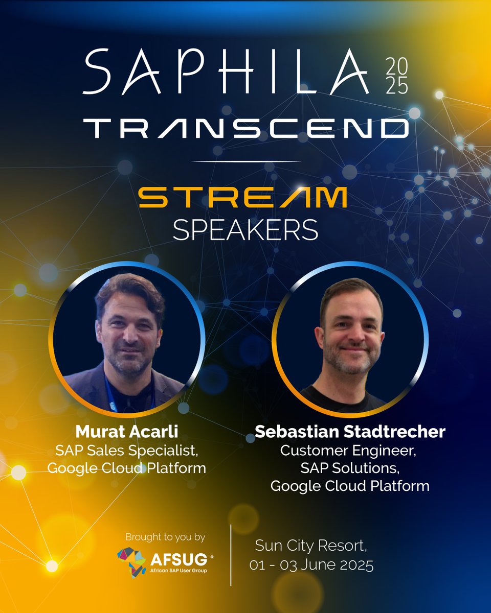 AFSUG's tweet image. Thrilled to welcome @googlecloud Platform to the #SAPHILA2025 Stream Stage! ☁️✨

Sebastian Stadtrecher &amp;amp; Murat Acarli will dive into Vision to Value and Connected City — showcasing SAP transformation at cloud scale.

Book now: saphila2025.com

#Transcend #SAPonCloud @SAP