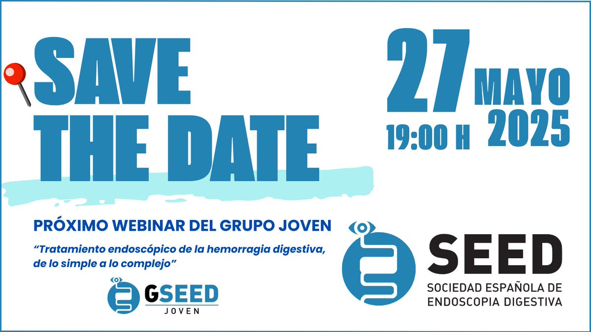 📍Resérvate el 27 de mayo a las 19 horas en tu calendario porque no te puedes perder el próximo webinar #SEEDJoven. Con la Dra. Raquel Muñoz <a href="/Raquel_rmg/">Raquel Muñoz</a>, que nos hablará del tratamiento endoscópico de la hemorragia digestiva, de lo simple a lo complejo 
#endoscopiadigestiva