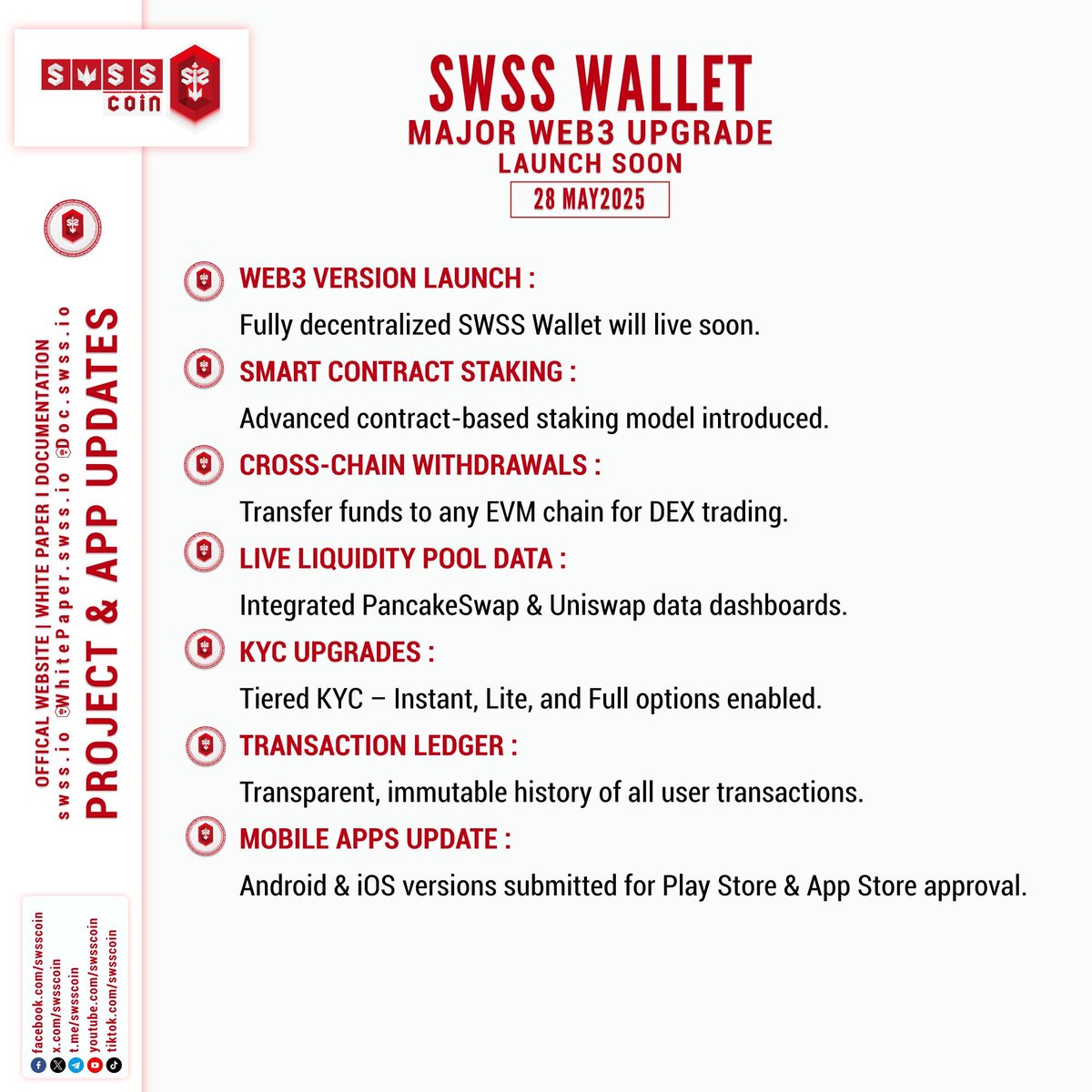 🔐 SWSS WALLET – MAJOR WEB3 UPGRADE COMING SOON!
🗓️ Launch Target: 28 MAY 2025
We’re upgrading the future of finance — your SWSS Wallet is evolving into a powerful, fully decentralized Web3 hub!
Here’s what’s coming:
🔥 WEB3 VERSION LAUNCH
→ Fully decentralized SWSS Wallet going
