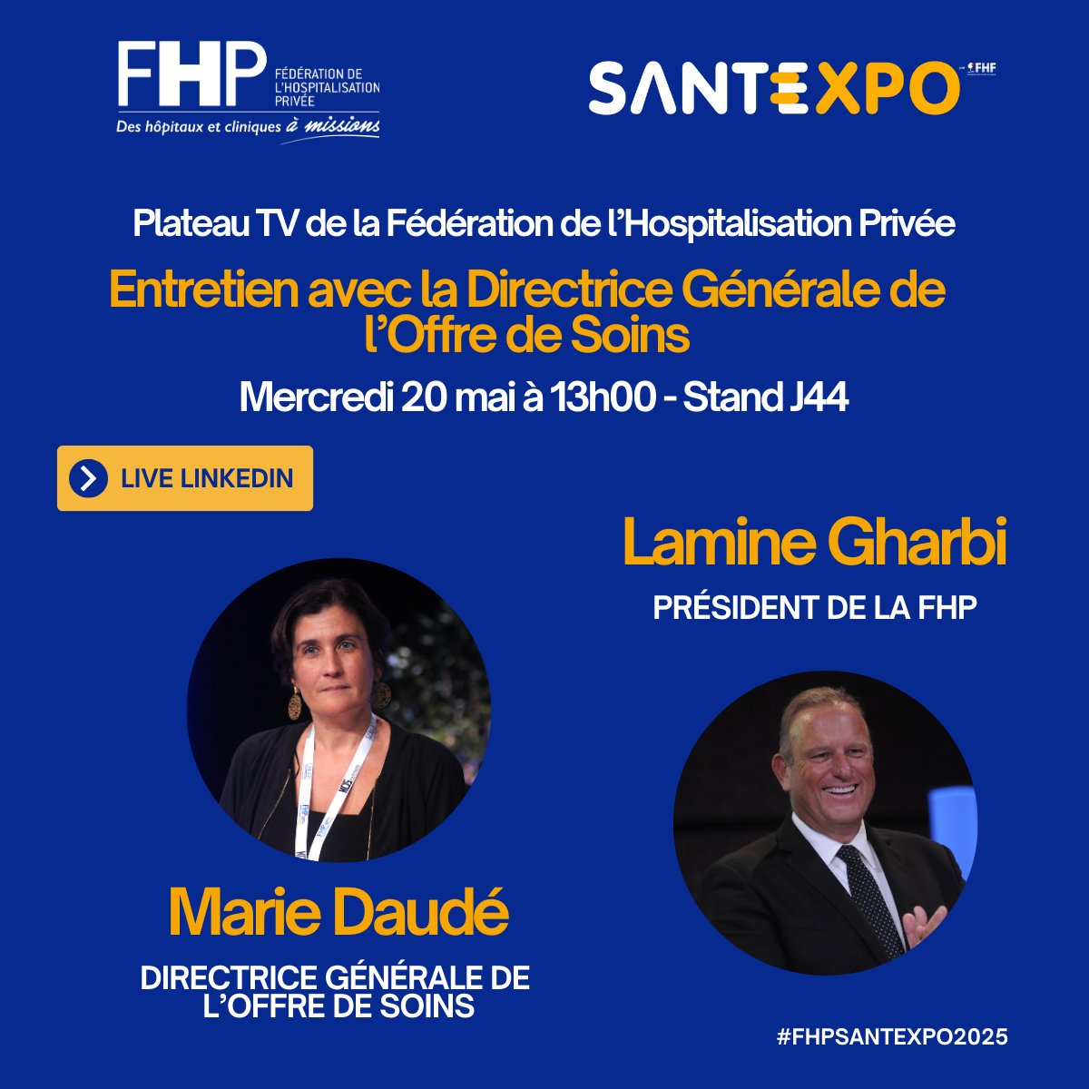 🕐 Dans quelques minutes en direct de <a href="/parisSANTEXPO/">SantExpo</a> :
Marie Daudé, directrice générale de l’Offre de soins, échangera avec Lamine Gharbi sur le Plateau TV de la FHP.
📲 À suivre en live sur LinkedIn et YouTube 👇
linkedin.com/events/7330896…

#FHPSANTEXPO2025 #Santé #FHP #DGOS