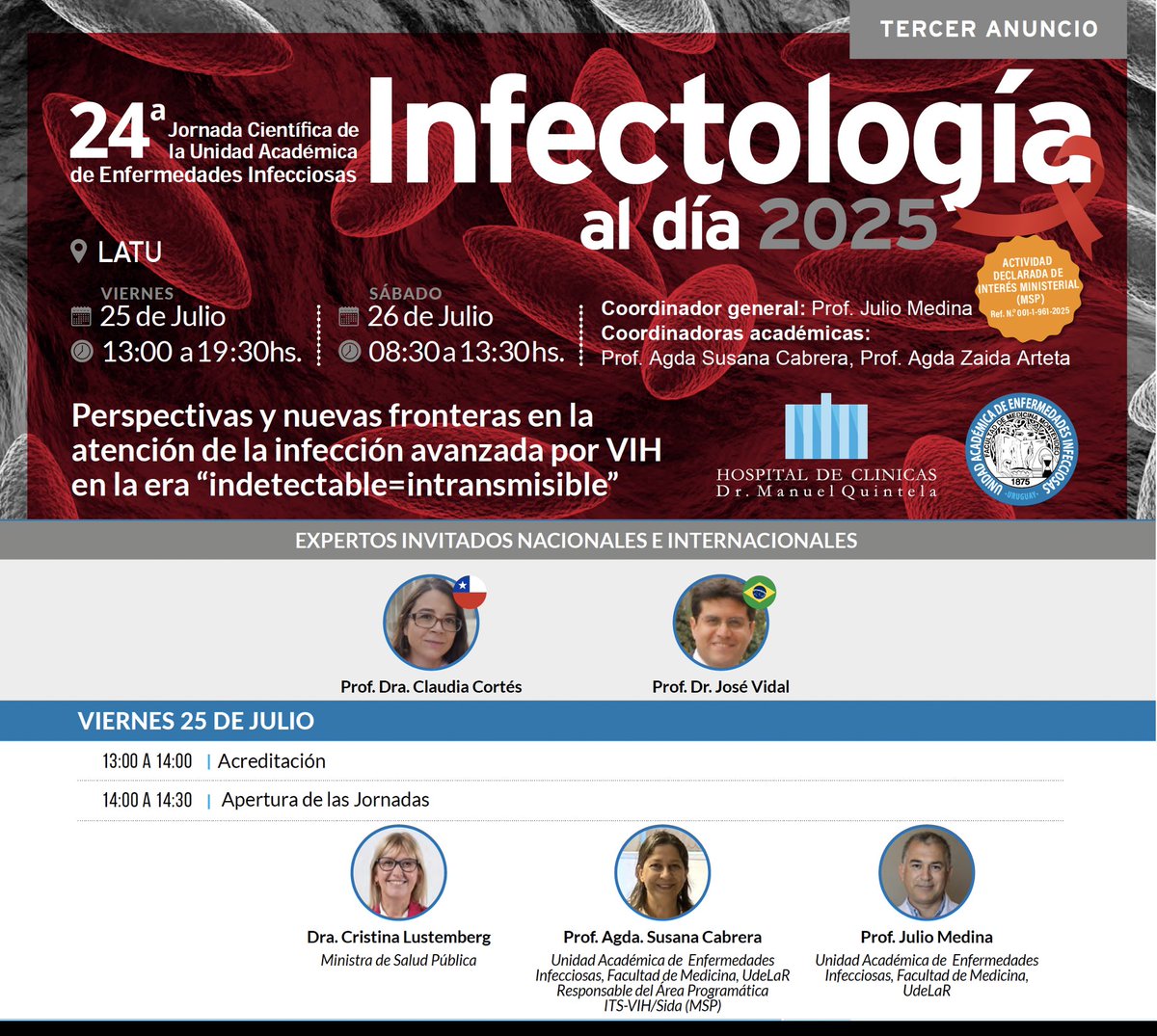 Dr. PhD. JULIO MEDINA (@dr_julio_medina) on Twitter photo Infectología al día 2025. Los invitamos a inscribirse con anticipación-los cupos son limitados.
ACTIVIDAD DECLARADA DE INTERÉS MINISTERIAL
(MSP) <a href="/MSPUruguay/">Ministerio de Salud Pública – Uruguay</a>
LINK para la inscripción: docs.google.com/forms/d/e/1FAI…
LINK al programa: infectologia.edu.uy/divulgacion-me…
<a href="/Infectologia_uy/">infectologia.edu.uy</a> Infectología al día 2025. Los invitamos a inscribirse con anticipación-los cupos son limitados.
ACTIVIDAD DECLARADA DE INTERÉS MINISTERIAL
(MSP) <a href="/MSPUruguay/">Ministerio de Salud Pública – Uruguay</a>
LINK para la inscripción: docs.google.com/forms/d/e/1FAI…
LINK al programa: infectologia.edu.uy/divulgacion-me…
<a href="/Infectologia_uy/">infectologia.edu.uy</a>