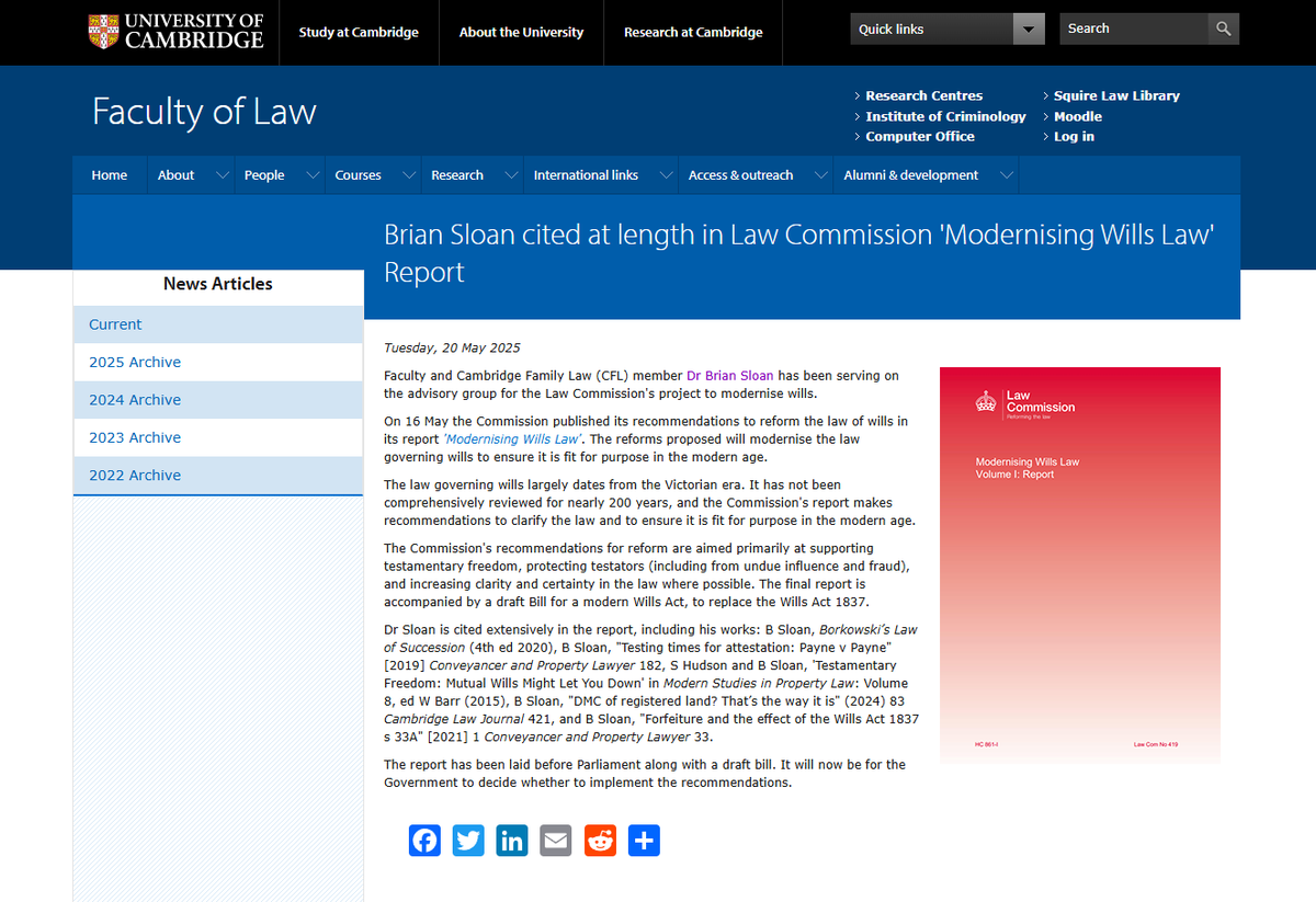Faculty of Law (@cambridgelaw) on Twitter photo 📢 Faculty and Cambridge Family Law (CFL) member Dr Brian Sloan (<a href="/RobinsonCamb/">Robinson College</a>) has been serving on the advisory group for the <a href="/Law_Commission/">Law Commission</a> project to modernise wills, and was extensively cited in the 'Modernising Wills Law' report issued on Friday:
🔗bit.ly/3ShkqFn 📢 Faculty and Cambridge Family Law (CFL) member Dr Brian Sloan (<a href="/RobinsonCamb/">Robinson College</a>) has been serving on the advisory group for the <a href="/Law_Commission/">Law Commission</a> project to modernise wills, and was extensively cited in the 'Modernising Wills Law' report issued on Friday:
🔗bit.ly/3ShkqFn