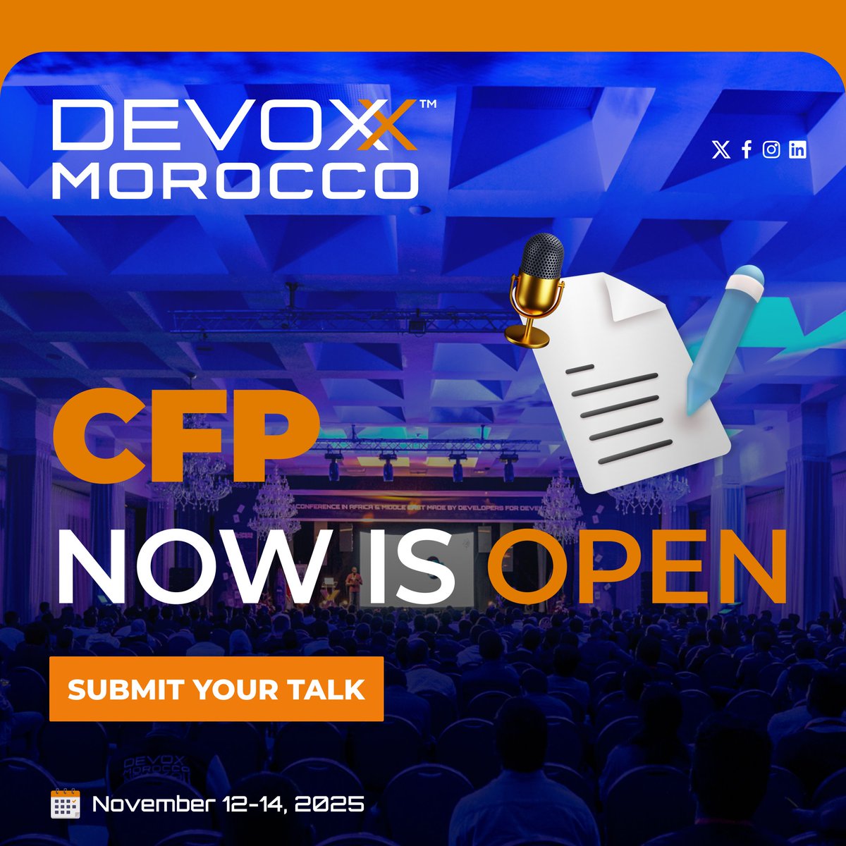 🚀 Heads up! #DevoxxMA 2025’s Call for Papers is now open.

Want to speak at the largest developer conference in Africa?
Bring your innovative ideas and share them with a passionate, forward-thinking tech community.

🗓️ CFP opens: May 21
⏳ Submission deadline: June 29
📍