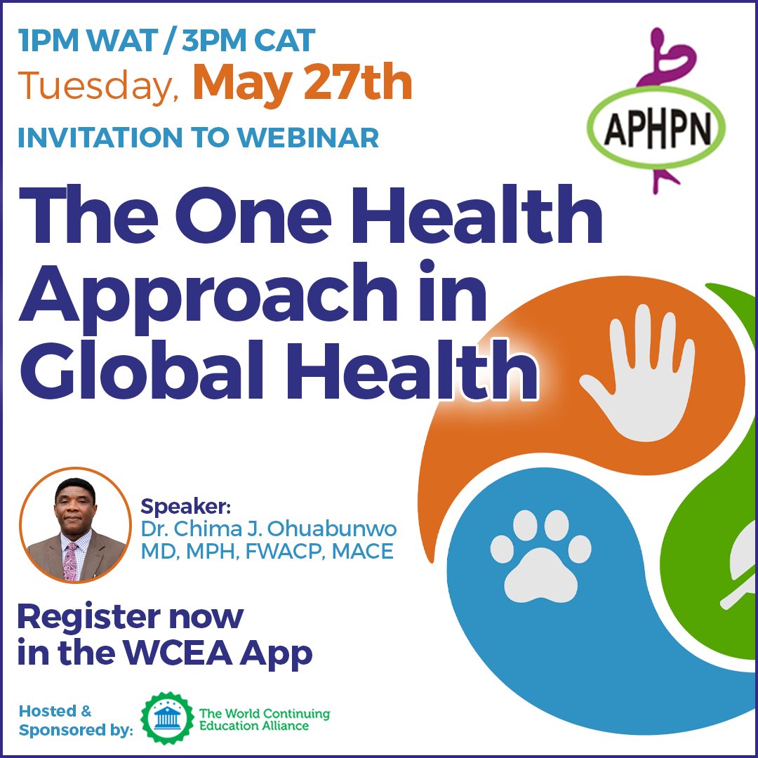 WCEA (World Continuing Education Alliance) (@worldcealliance) on Twitter photo π Join WCEA and <a href="/AphpnN/">APHPN NIGERIA</a> for a vital webinar:
The One Health Approach in Global Health
ποΈ May 27 | β° 1 PM WAT / 3 PM CAT
ποΈ Speaker: Dr. Chima J. Ohuabunwo
Explore how human, animal & environmental health intersect in global health solutions.
#OneHealth #GlobalHealth #CPD π Join WCEA and <a href="/AphpnN/">APHPN NIGERIA</a> for a vital webinar:
The One Health Approach in Global Health
ποΈ May 27 | β° 1 PM WAT / 3 PM CAT
ποΈ Speaker: Dr. Chima J. Ohuabunwo
Explore how human, animal & environmental health intersect in global health solutions.
#OneHealth #GlobalHealth #CPD