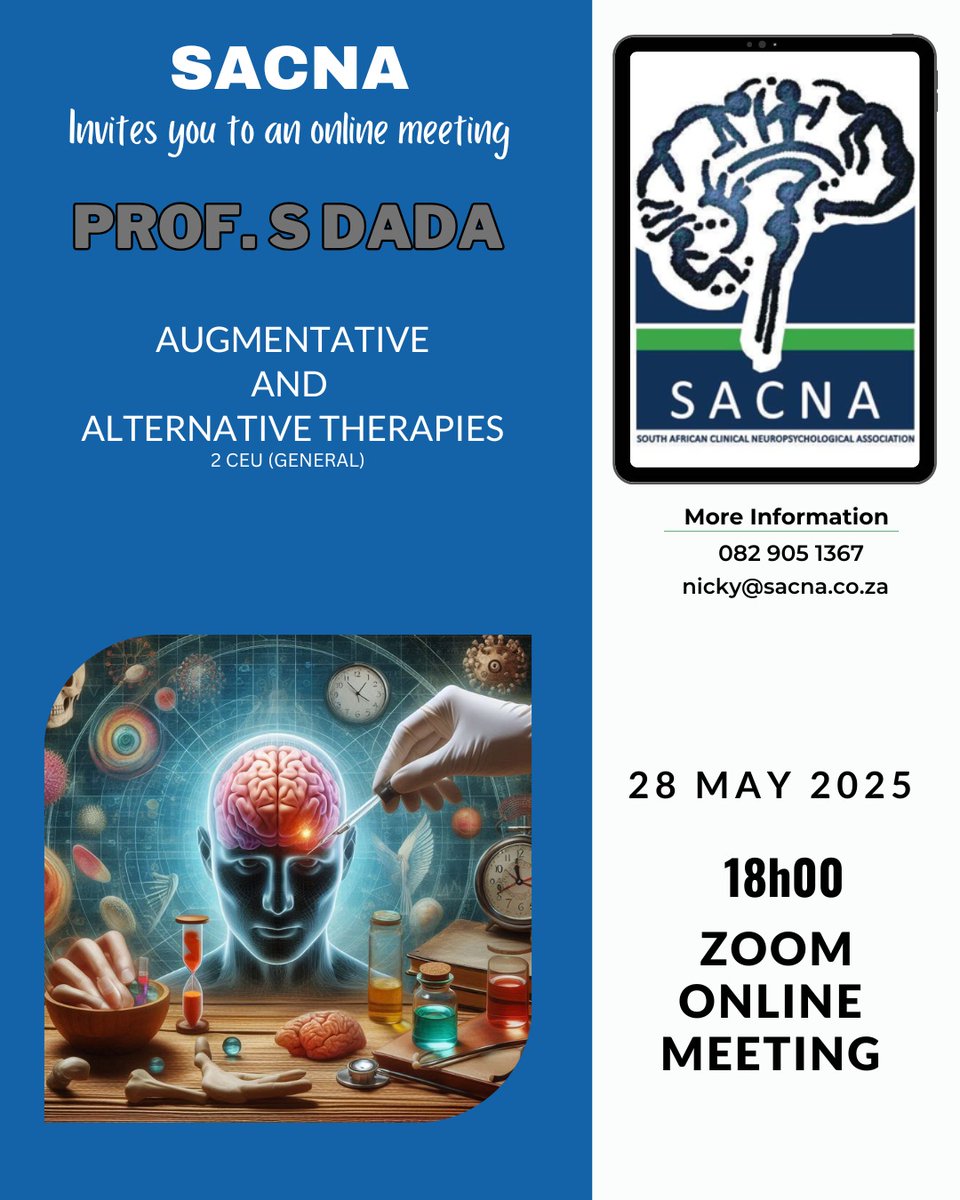 SaSacna's tweet photo. Join us for an inspiring evening with Professor Dada! 

Date: 28 May 
Time: 6:00 PM (SAST) 
 Location: Online via Zoom

Topic: Augmentative &amp; Alternative Therapies Explore life-changing, innovative approaches in therapy.

 Register now: https://t.co/OsLvc5wpy3 https://t.co/EVjL6jdOLN