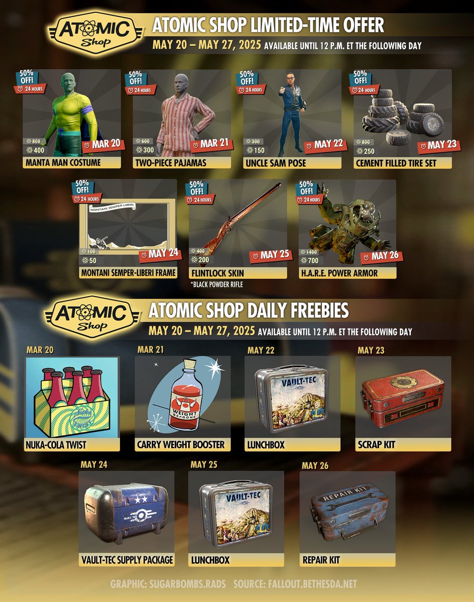 DuchessFlame's tweet photo. This week Atomic Shop limited-time offer and daily freebies (May 20 - MAY 27, 2025). Each item will be available until 12 P.M. ET the following day. ⏳Source: SugarBombRADS https://t.co/RnE4ycxYn8