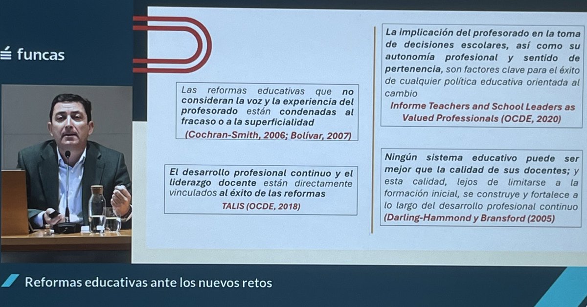 📣 “Las reformas educativas que no consideran la voz del profesorado están condenadas al fracaso o a la superficialidad” (Cochran-Smith, Bolívar). La autonomía y el sentido de pertenencia docente son claves para el éxito del cambio educativo. Francisco Venzala <a href="/anpenacional/">ANPE</a> en