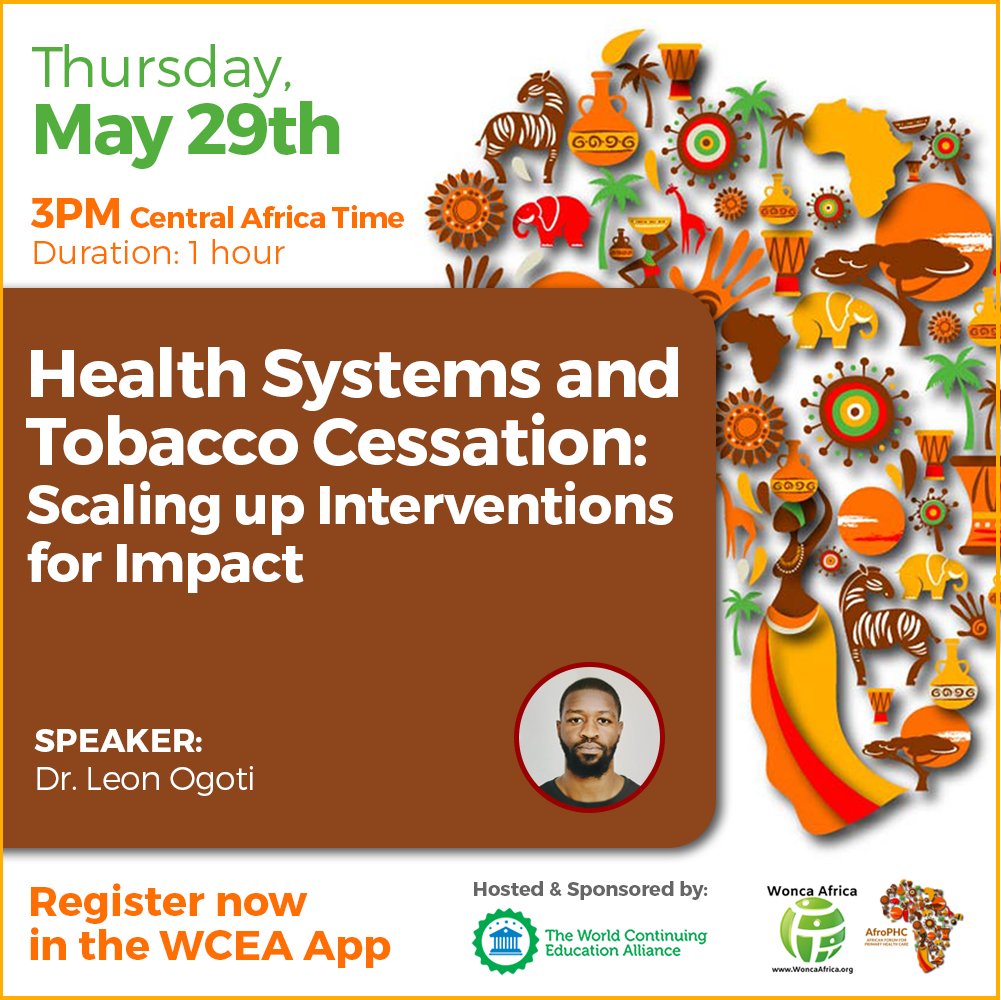 WCEA (World Continuing Education Alliance) (@worldcealliance) on Twitter photo π New <a href="/AfroPHC/">AfroPHC</a> webinar: Health Systems & Tobacco Cessation β Scaling Up for Impact
ποΈ May 29 | π 3 PM CAT
ποΈ Speaker: Dr. Leon Ogoti
Learn how health workers can lead tobacco cessation from the primary care level.
#TobaccoCessation #PublicHealth #CPD #PrimaryCare #Webinar π New <a href="/AfroPHC/">AfroPHC</a> webinar: Health Systems & Tobacco Cessation β Scaling Up for Impact
ποΈ May 29 | π 3 PM CAT
ποΈ Speaker: Dr. Leon Ogoti
Learn how health workers can lead tobacco cessation from the primary care level.
#TobaccoCessation #PublicHealth #CPD #PrimaryCare #Webinar