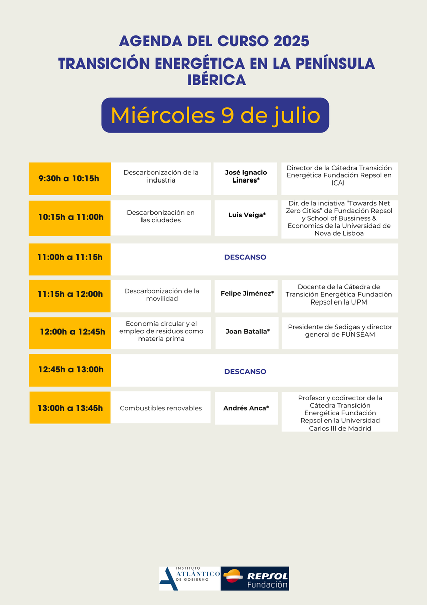 AtlanticoIE's tweet photo. #IADG y @FundacionRepsol  han preparado tres jornadas gratuitas ONLINE de formación y puesta al día sobre la TRANSICIÓN ENERGÉTICA EN LA PENÍNSULA IBÉRICA los días 8, 9 y 10 de julio de 09:30h a 14:00H con los mejores expertos.

🟢INSCRIPCION GRATUITA : https://t.co/s5ZsOfAcZk https://t.co/rjZVvwkFQV