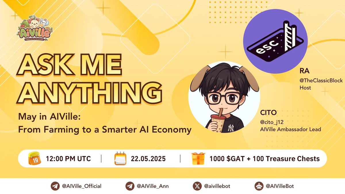 🔥🔥🔥 🎙 AIVille #AMA Announcement 🎙

🌟 May in #AIVille: From Farming to a Smarter #AI Economy 🌟

📅 When: May 22, 12:00 PM UTC
🎯 Where: t.me/AIVille_Offici…
🎁 Prize Pool: 1000 $AGT + 100 Treasure Chests

Get ready for an exciting journey into the heart of AIVille’s