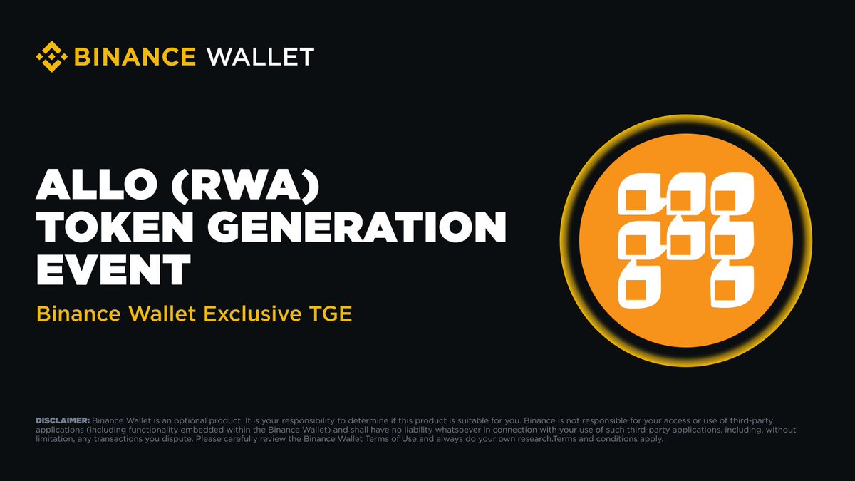Join the 18th Exclusive TGE on #Binance Wallet with <a href="/allo_xyz/">ALLO</a> (RWA) via <a href="/PancakeSwap/">PancakeSwap</a>!

🗓️ Subscription: May 22, 2025, from 8AM to 10AM (UTC)
📜 Eligible users need to use Binance Alpha Points to participate
🎁 Additional 300,000,000 RWA for upcoming campaigns — details coming