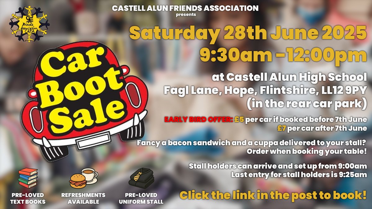 CastellAlun's tweet image. EVENT: CAFA Car Boot Sale - Saturday 28th June 2025 - shorturl.at/A68Np (Please note, date amended)