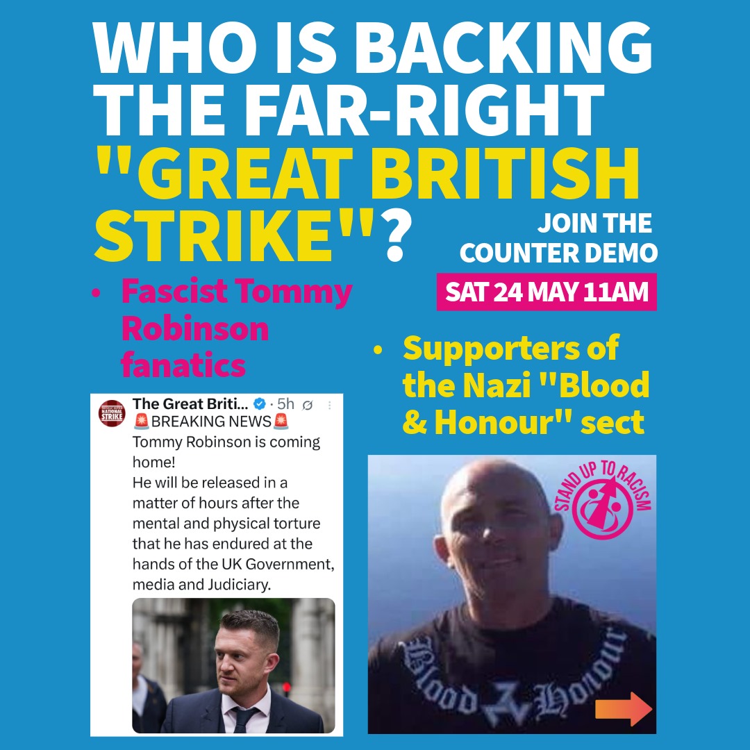 Stand Up to Racism - Scotland (@sutrscotland) on Twitter photo 🧵WHO IS BACKING THE FAR-RIGHT "GREAT BRITISH NATIONAL STRIKE"?
On Saturday May 24th, "Great British National Strike" are holding rallies nationally, we and many other anti-racists will be opposing them, but who supports them? 🧵WHO IS BACKING THE FAR-RIGHT "GREAT BRITISH NATIONAL STRIKE"?
On Saturday May 24th, "Great British National Strike" are holding rallies nationally, we and many other anti-racists will be opposing them, but who supports them?