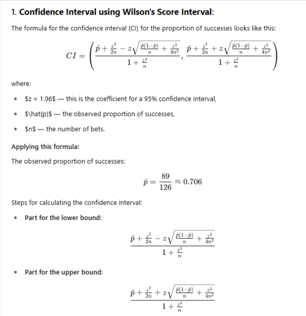 168Tips's tweet image. 🔍 Use the Wilson Score Interval to find your confidence level! 🤔

✅ Total bets: 126
✅ Winning bets: 89
✅ Success rate: 70.6%
✅Odds : 2.03

docs.google.com/spreadsheets/d…

#BettingStats #DataScience #SportsBetting #ConfidenceInterval
