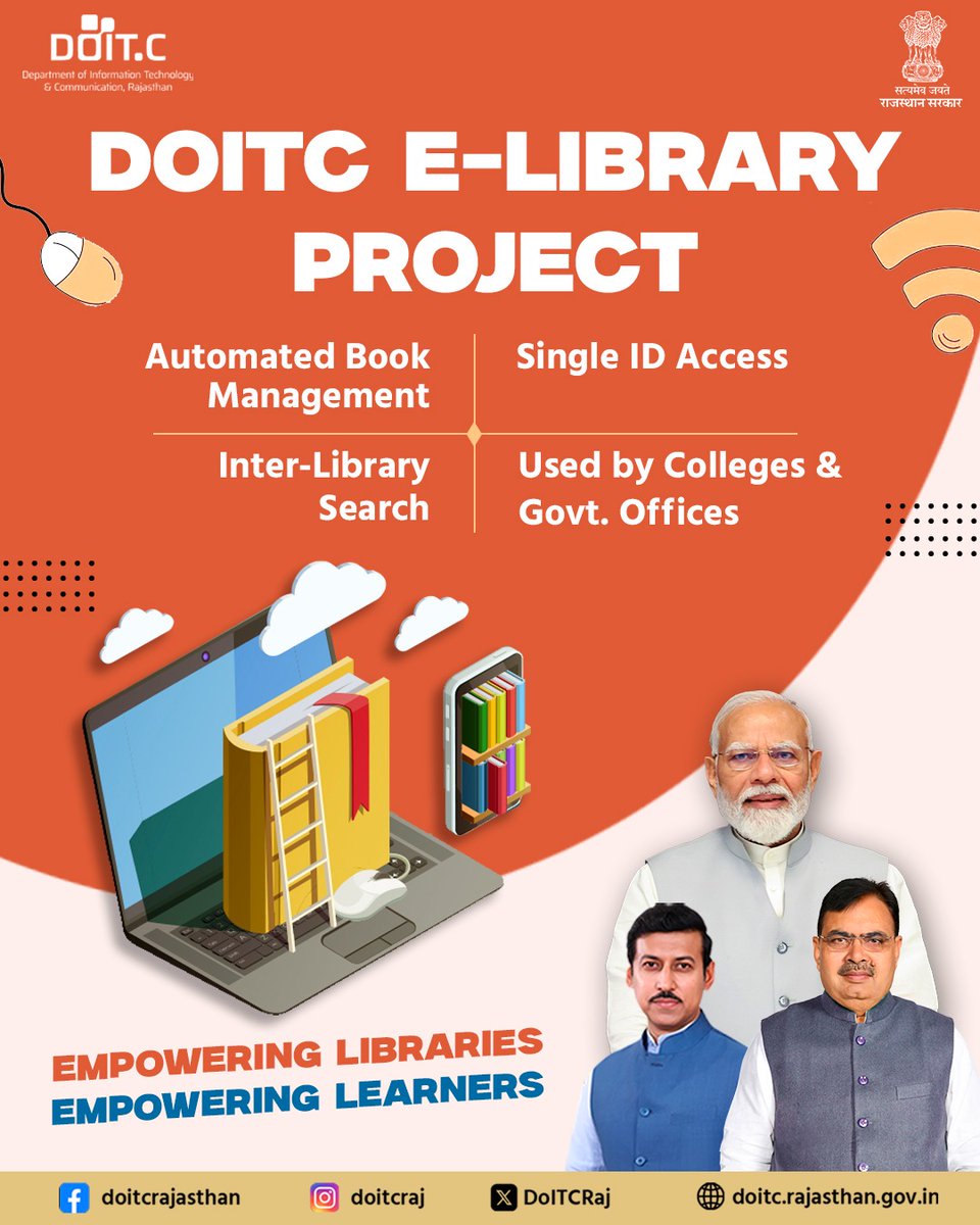 DoITCRaj's tweet image. E-Library Automation simplifies library management with features like automated cataloguing, single ID access and inter-library search.
Implemented in colleges & government departments for faster and smarter access.
Link: dce.rajasthan.gov.in/elib/
#ELibrary #DOITC