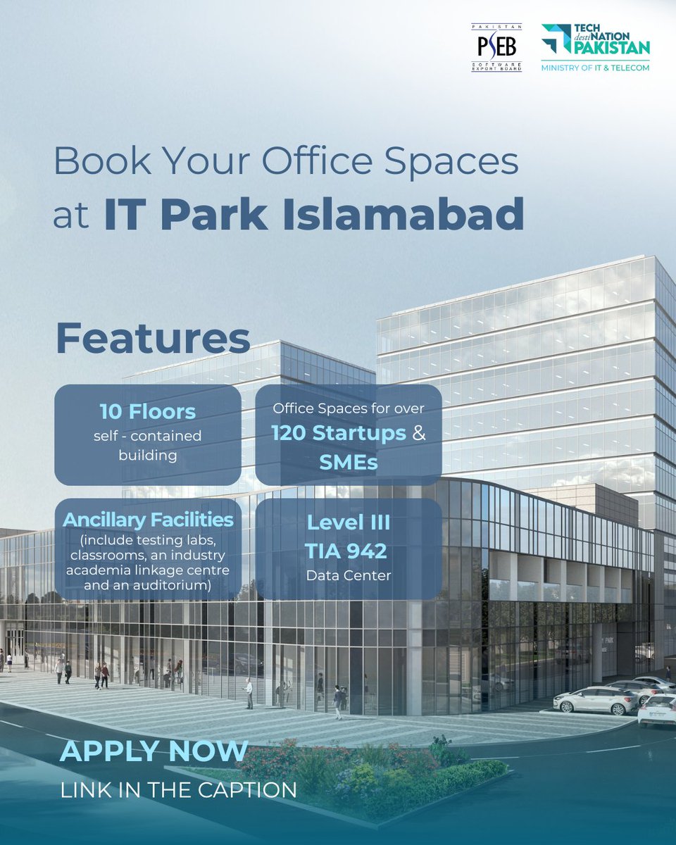 Be among the first to move into Pakistan’s most sophisticated IT infrastructure - purpose-built to scale innovation, attract investors, and drive exports.
Book your state-of-the-art office space now: tinyurl.com/388bsymj