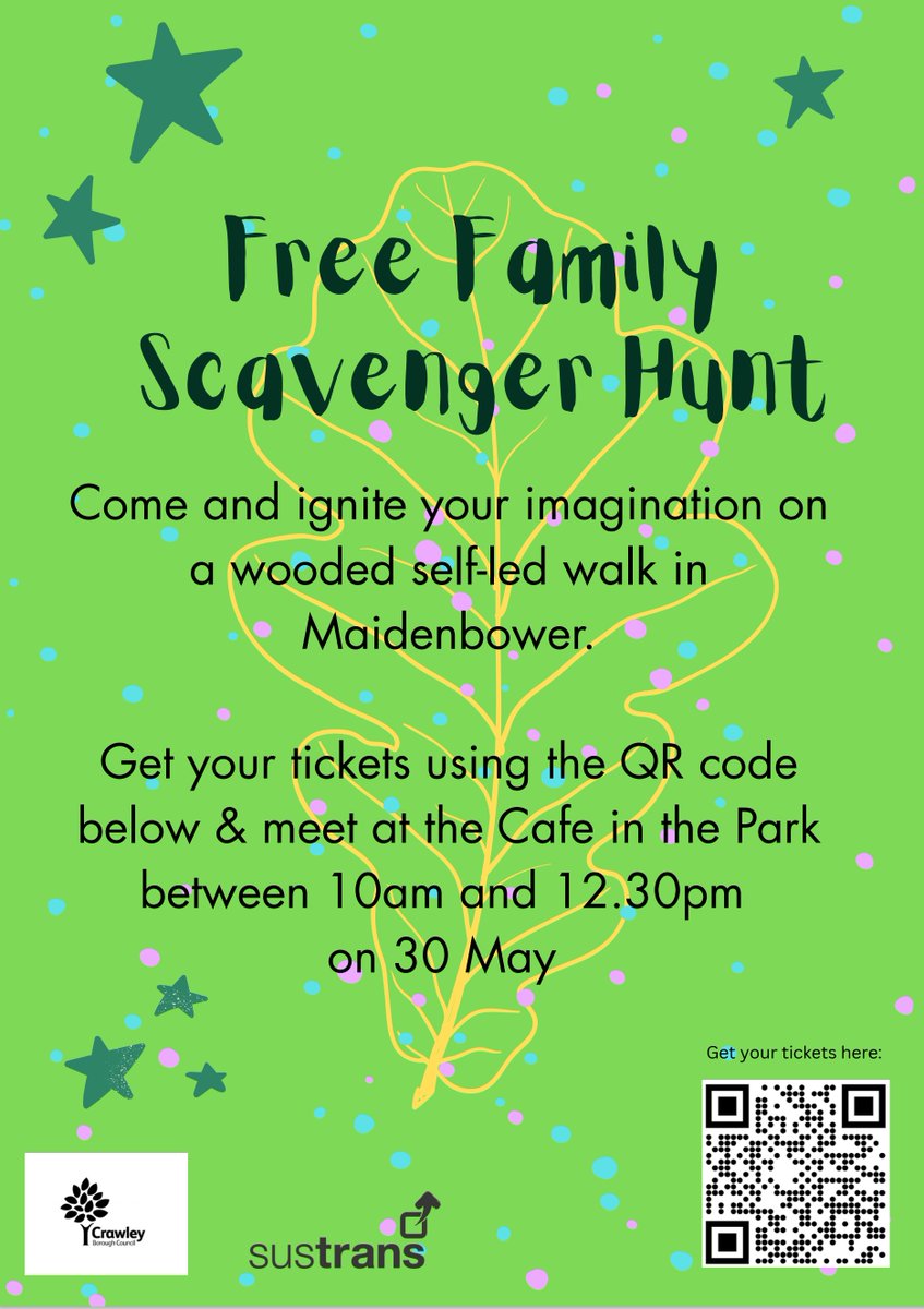 Free Family Scavenger Hunt

Come and ignite your imagination on a wooded self-led walk in Maidenbower.

Get your tickets using the QR code below or click the link &amp; meet at the Cafe in the Park between 10am and 12.30pm
on 30 May

orlo.uk/ZooBk