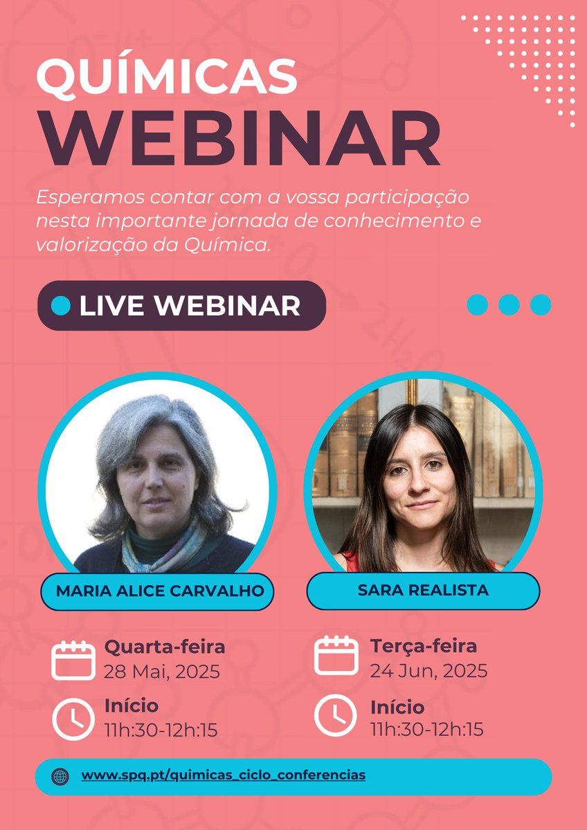🔬 11.ª edição do ciclo QUÍMICAS | Quando as dificuldades se transformam em oportunidades
🎙️ Prof. Maria Alice Carvalho (<a href="/UMinho_Oficial/">Universidade Minho</a>)
📅 28 de maio | 🕦 11h30
💻 Online &amp; gratuito!

🔗 spq.pt/quimicas_ciclo…
#Químicas #SPQ #MulheresNaCiência #Química #CiênciaAberta #quimicas