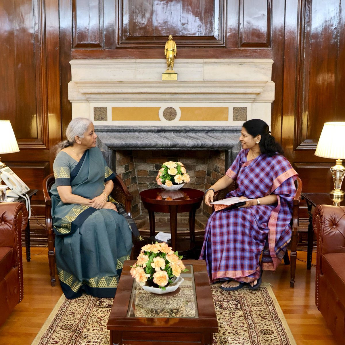 Smt <a href="/KanimozhiDMK/">Kanimozhi (கனிமொழி)</a>, Hon'ble MP (LS), calls on Smt <a href="/nsitharaman/">Nirmala Sitharaman</a>.