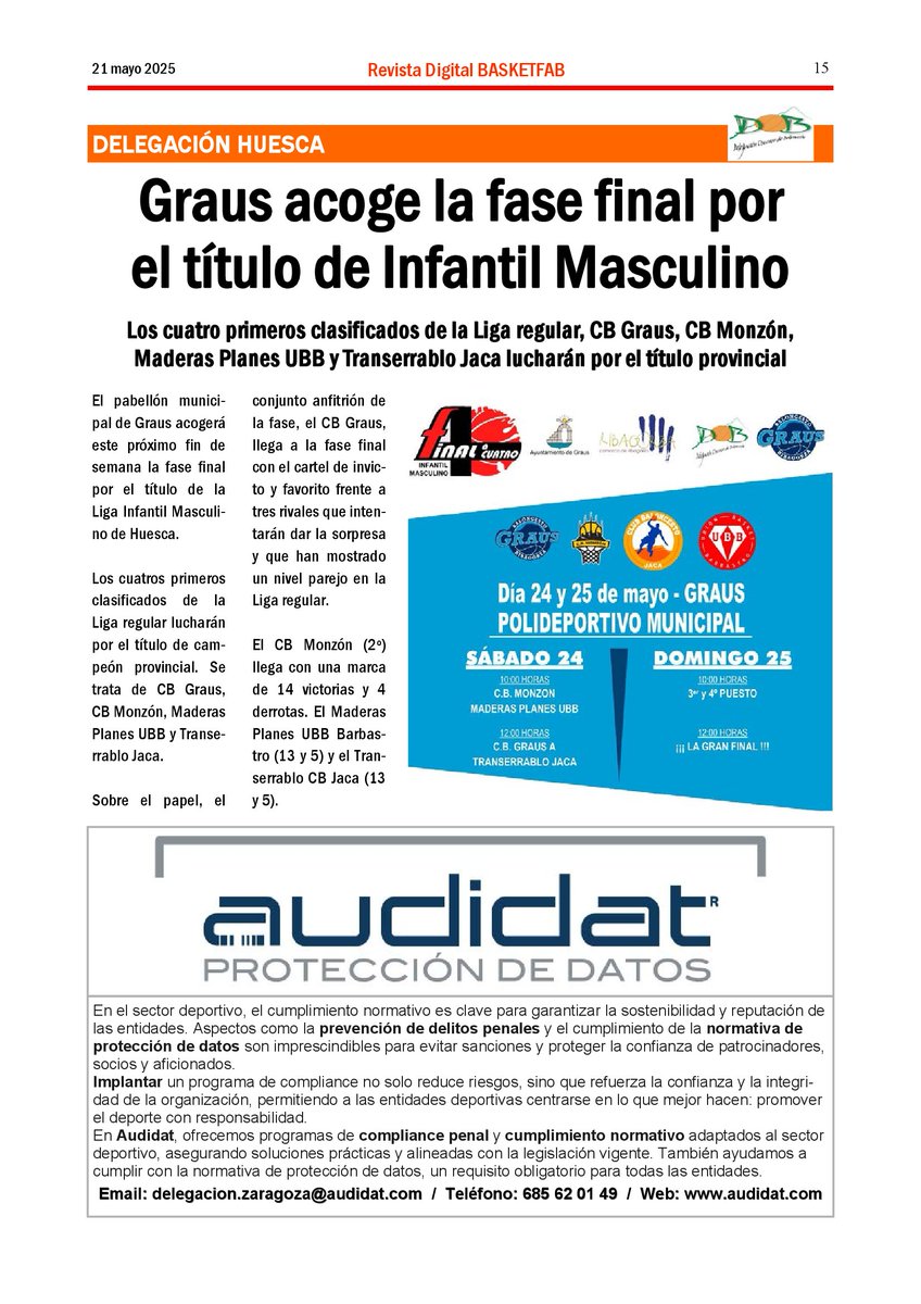 Graus acoge el 24 y 25 de mayo la fase final por el título de la Liga Infantil Masculino de Huesca fabasket.com/revista-basket…