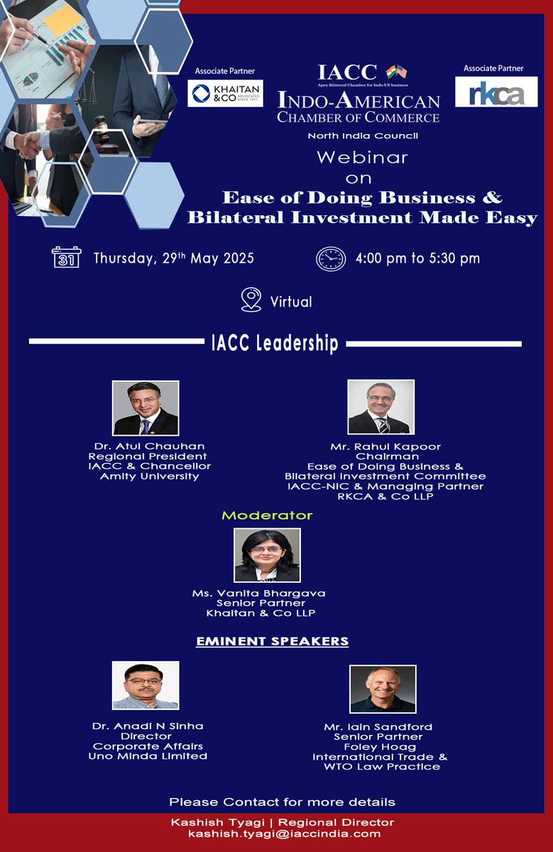Unlock cross-border opportunities at our Webinar on Ease of Doing Business &amp; Bilateral Investment Made Easy by IACC North India Council!

Date: Thursday, 29th May 2025 | Time: 4:00 pm – 5:30 pm | Mode: Virtual

Moderator: Ms. Vanita Bhargava, Senior Partner, Khaitan &amp; Co LLP