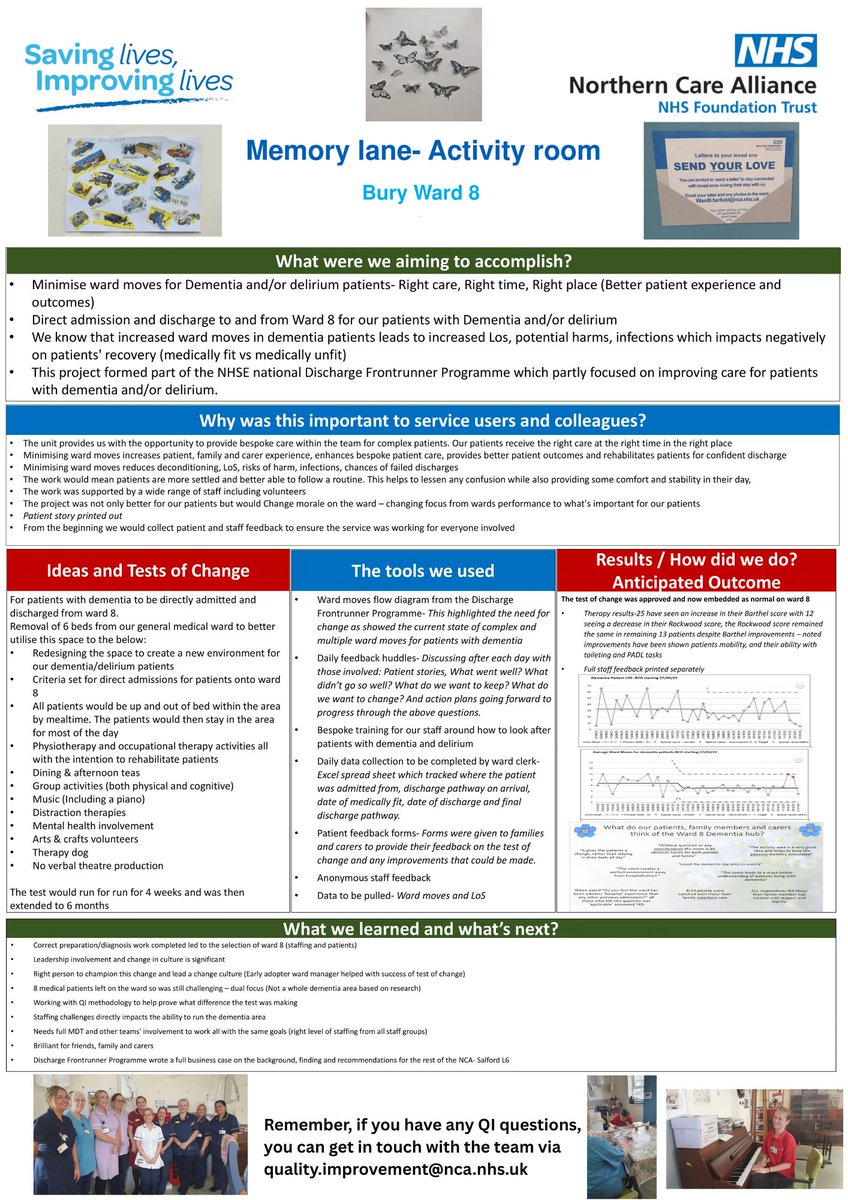 QualityNCA's tweet image. 🌟Dementia Awareness Week🌟
Proud to share "Memory Lane – Activity Room" project at Bury Ward 8!
🏆 Shortlisted for the 2024 HSJ Safety Awards – Improving Care for Older People (Dementia)
Let’s keep improving dementia care, together 💙
#DementiaAwarenessWeek #HSJSafetyAwards