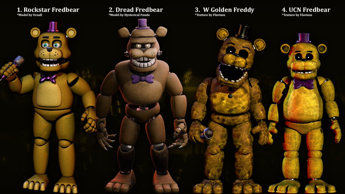 Zero_MW0's tweet image. Alright since my repost yesterday put us on mood of the Fredbear design topic again, lemme ask you this:
From what I've seen, those are the 4 most popular picks for Fredbear's design currently. Which one do you choose and why?