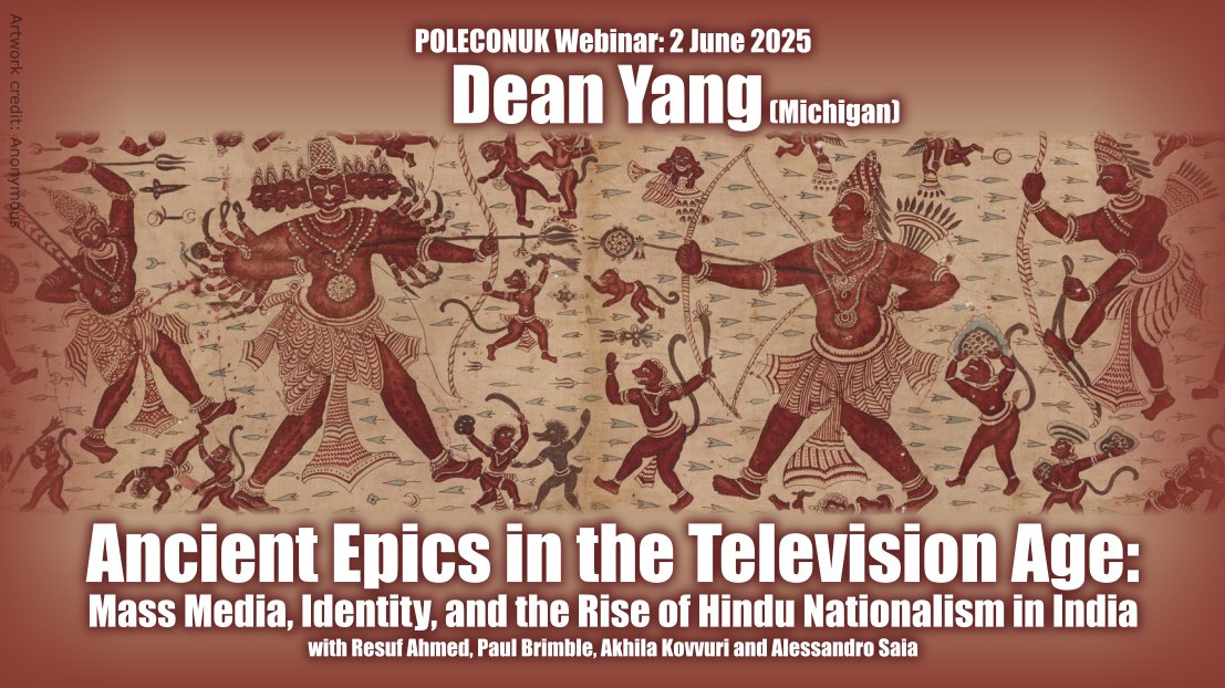 POLECONUK Webinar (@poleconuk_w) on Twitter photo Our next seminar is on Monday, 2/Jun/2025. We welcome 👉<a href="/deanyang/">Dean Yang</a>👈 (Michigan), who will present "Ancient Epics in the Television Age: Mass Media, Identity, and the Rise of Hindu Nationalism in India", joint work with <a href="/resuf_ahmed/">Resuf Ahmed</a>, <a href="/pbrimble/">Paul Brimble 🇺🇦</a>, <a href="/akhila_kovvuri/">Akhila Kovvuri</a> and Alessandro Saia Our next seminar is on Monday, 2/Jun/2025. We welcome 👉<a href="/deanyang/">Dean Yang</a>👈 (Michigan), who will present "Ancient Epics in the Television Age: Mass Media, Identity, and the Rise of Hindu Nationalism in India", joint work with <a href="/resuf_ahmed/">Resuf Ahmed</a>, <a href="/pbrimble/">Paul Brimble 🇺🇦</a>, <a href="/akhila_kovvuri/">Akhila Kovvuri</a> and Alessandro Saia