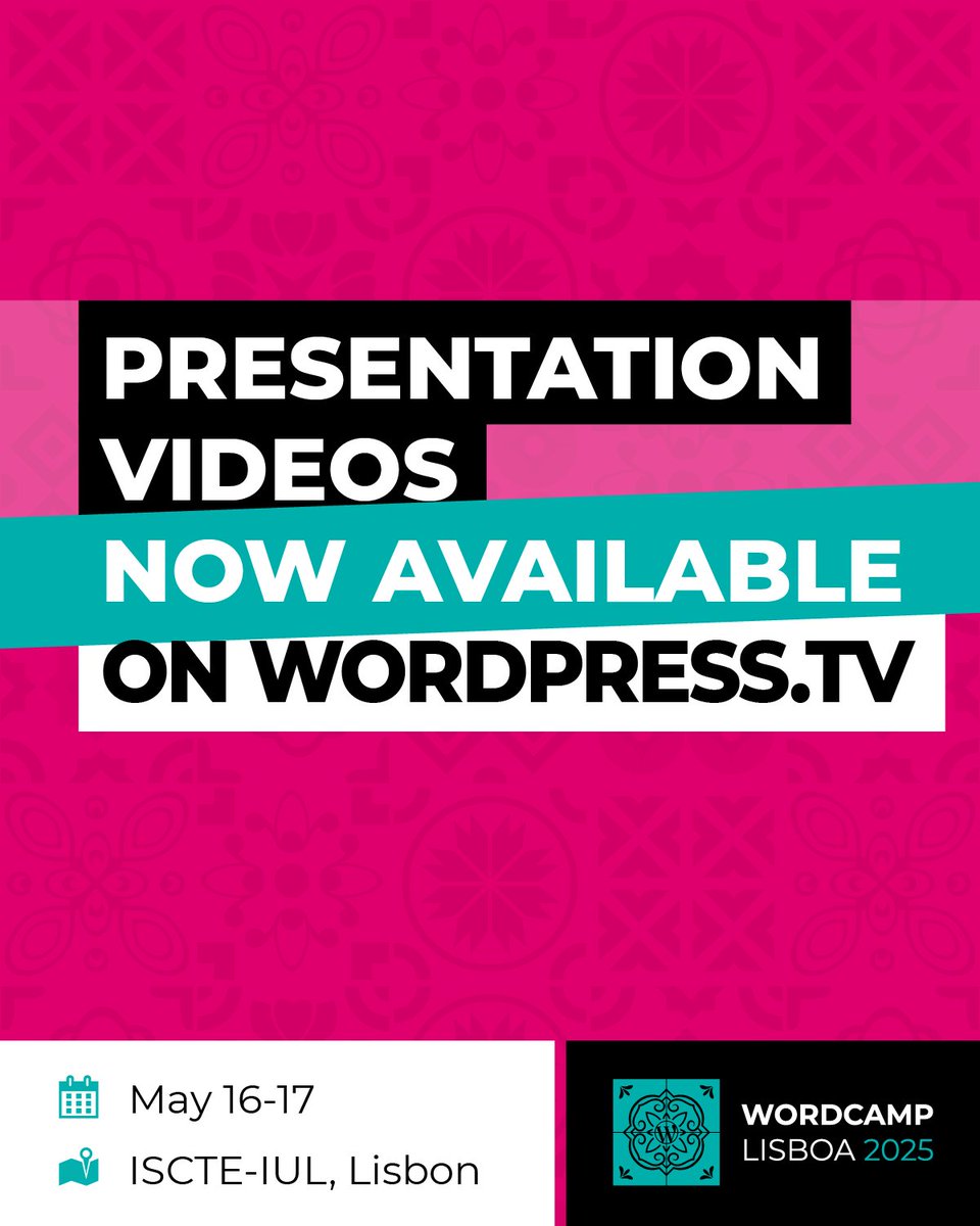WordCampPT's tweet image. WordCamp Lisboa 2025 talk videos are now online! 🎥
Watch (or rewatch) every session on the website of @WordPressTV or right on our site under each talk.
Perfect if you missed out or want to relive the highlights!
Details: lisboa.wordcamp.org/2025/wordcamp-…
#WCLisboa