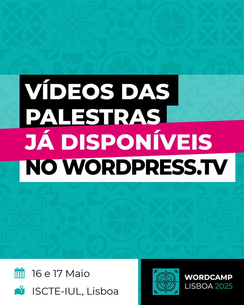 WordCampPT's tweet image. WordCamp Lisboa 2025 talk videos are now online! 🎥
Watch (or rewatch) every session on the website of @WordPressTV or right on our site under each talk.
Perfect if you missed out or want to relive the highlights!
Details: lisboa.wordcamp.org/2025/wordcamp-…
#WCLisboa