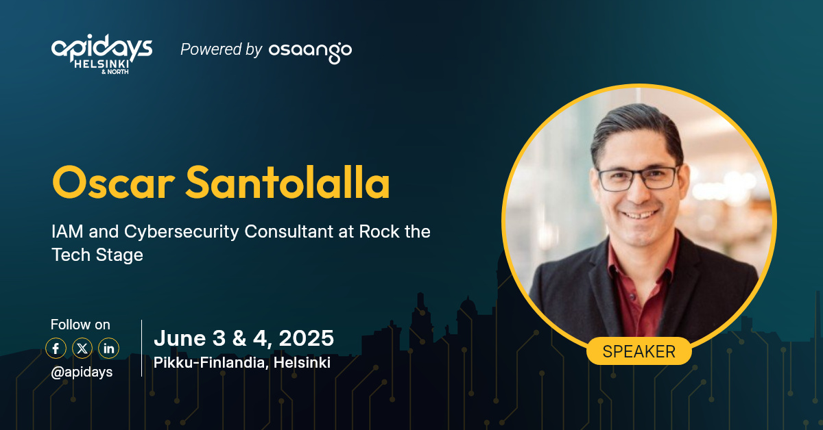 I am thrilled to be featured speaker at apidays Helsinki &amp; North, on June 3&amp;4, 2025 where I will give a talk on how to secure an API with OAuth 2.0.
I have complimentary tickets with code: IKNOWOSCARSANTOLALLA
Register yourself here: apidays.global/helsinki_and_n…

#apidaysHelsinki