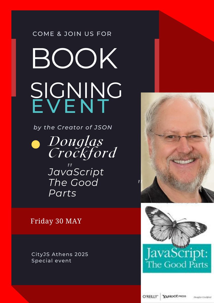 cityjsconf's tweet image. 🎉 Special event at #CityJSAthens for all #JavaScript lovers in & around Greece! Win a signed copy from the creator of #JSON! 🇬🇷🔥
Register now 👉 athens.cityjsconf.org
#athens #greece @oreillymedia