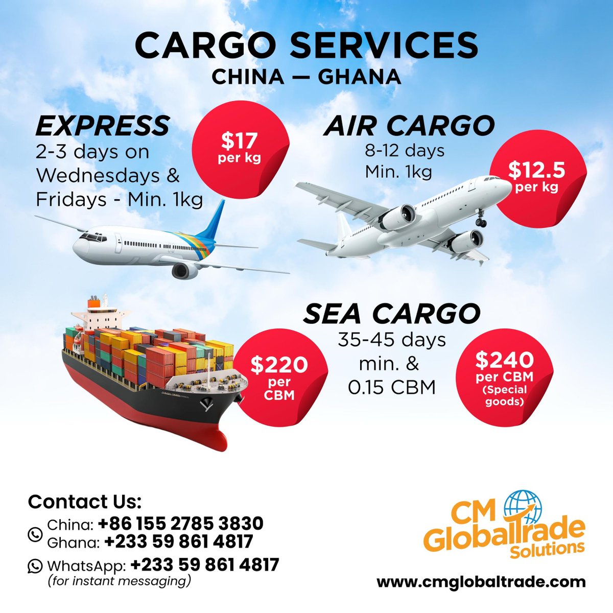 CM_Globaltrade's tweet photo. New Shipping Rates from China to Ghana! 🇨🇳🛩🚢🇬🇭
Reliable. Fast. Affordable.
#ChinaToGhana #CargoGhana #ShippingRates #CMGlobalTrade #FreightForwarder #GhanaImporters #LogisticsGhana #ShipWithEase https://t.co/ICHpzHUuiF