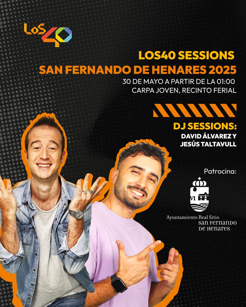 LOS40 (@los40) on Twitter photo 🥳Vive las Fiestas de San Fernando de Henares 2025 con LOS40 Sessions y los hits del momento
<a href="/davidalvarezfm/">David Álvarez</a> y <a href="/JesusTaltavull/">Jesús Taltavull</a> pincharán tus temas favoritos en el Recinto Ferial... ¡gratis! 🎶 los40es.com/rc8q0 🥳Vive las Fiestas de San Fernando de Henares 2025 con LOS40 Sessions y los hits del momento
<a href="/davidalvarezfm/">David Álvarez</a> y <a href="/JesusTaltavull/">Jesús Taltavull</a> pincharán tus temas favoritos en el Recinto Ferial... ¡gratis! 🎶 los40es.com/rc8q0